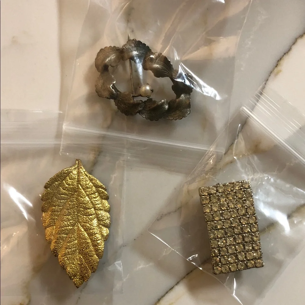 Gold Leaf and Crystal, and Sterling Silver Pin Brooches Women’s 3-piece Set